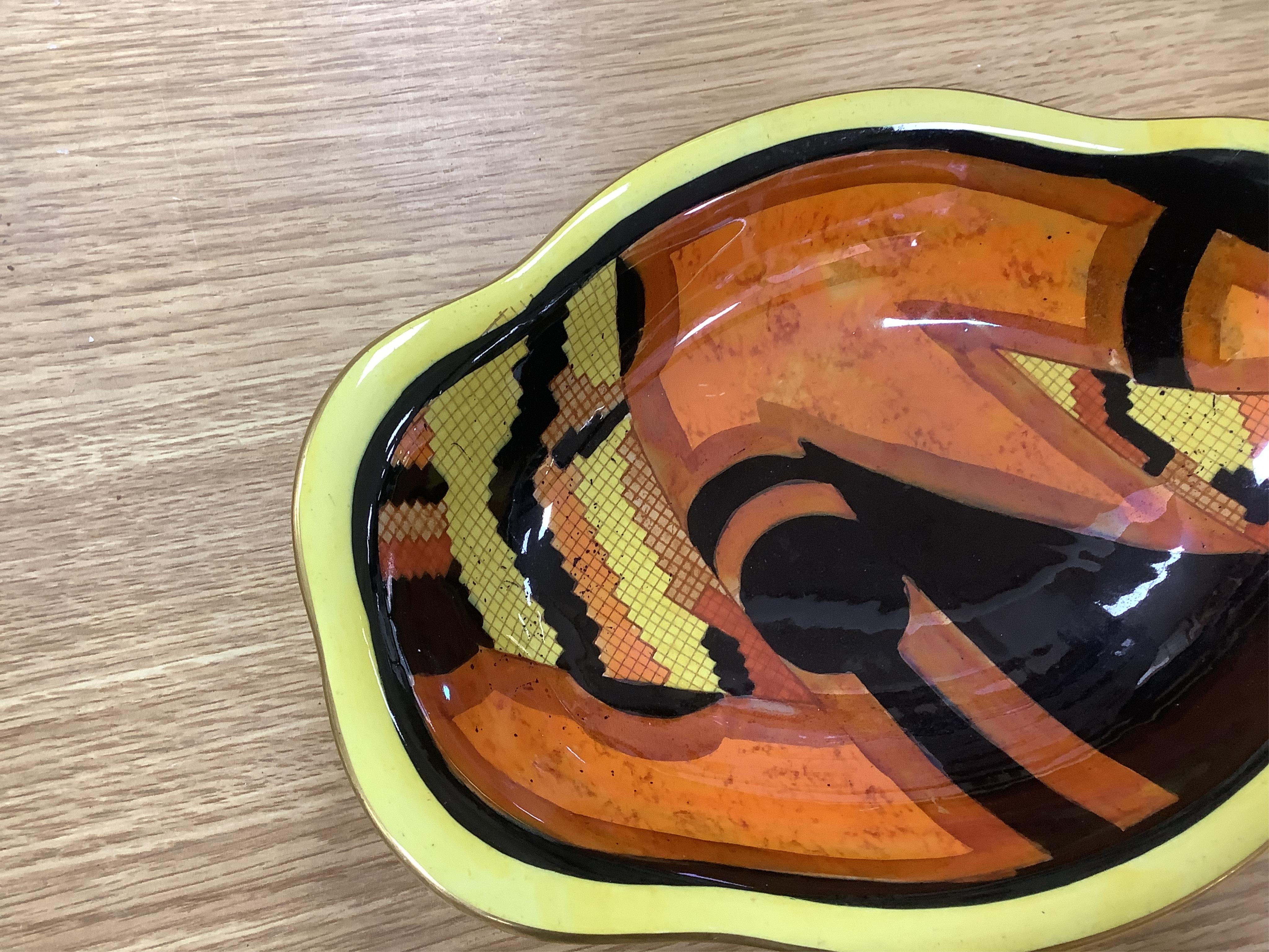 A Shelley porcelain coffee set and a Carltonware Jazz pattern dish, largest 23cm high. Condition - good